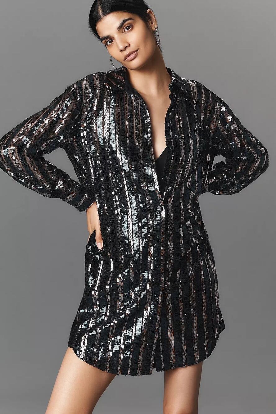New Anthropologie The Soren Sequin Mini Shirt Dress by Maeve $168 SMALL Navy